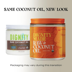 Dignity Coconuts oil pouring into spoon showing versatile kitchen use and aroma.