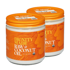 Dignity Coconuts raw coconut oil pack, 15 oz front view, multipurpose skin and cooking use.
