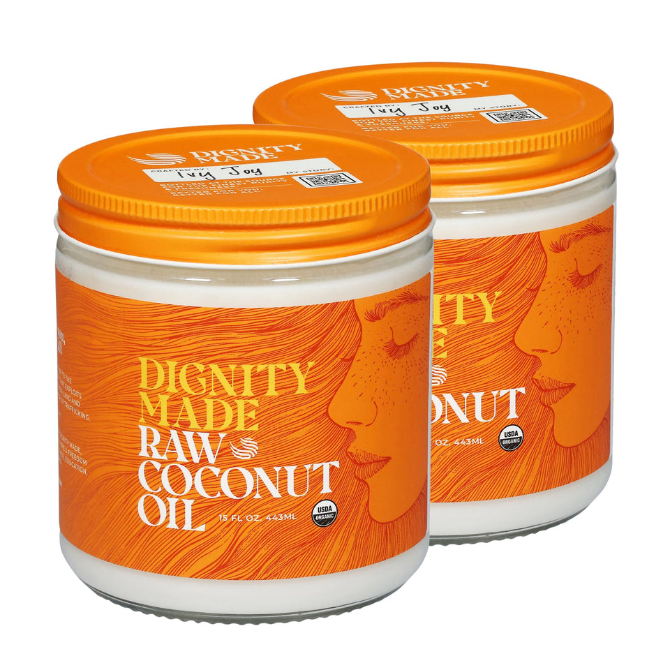 Dignity Coconuts raw coconut oil pack, 15 oz front view, multipurpose skin and cooking use.