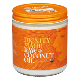 Dignity Coconuts raw organic coconut oil bottle suitable for skin, hair, and cooking.