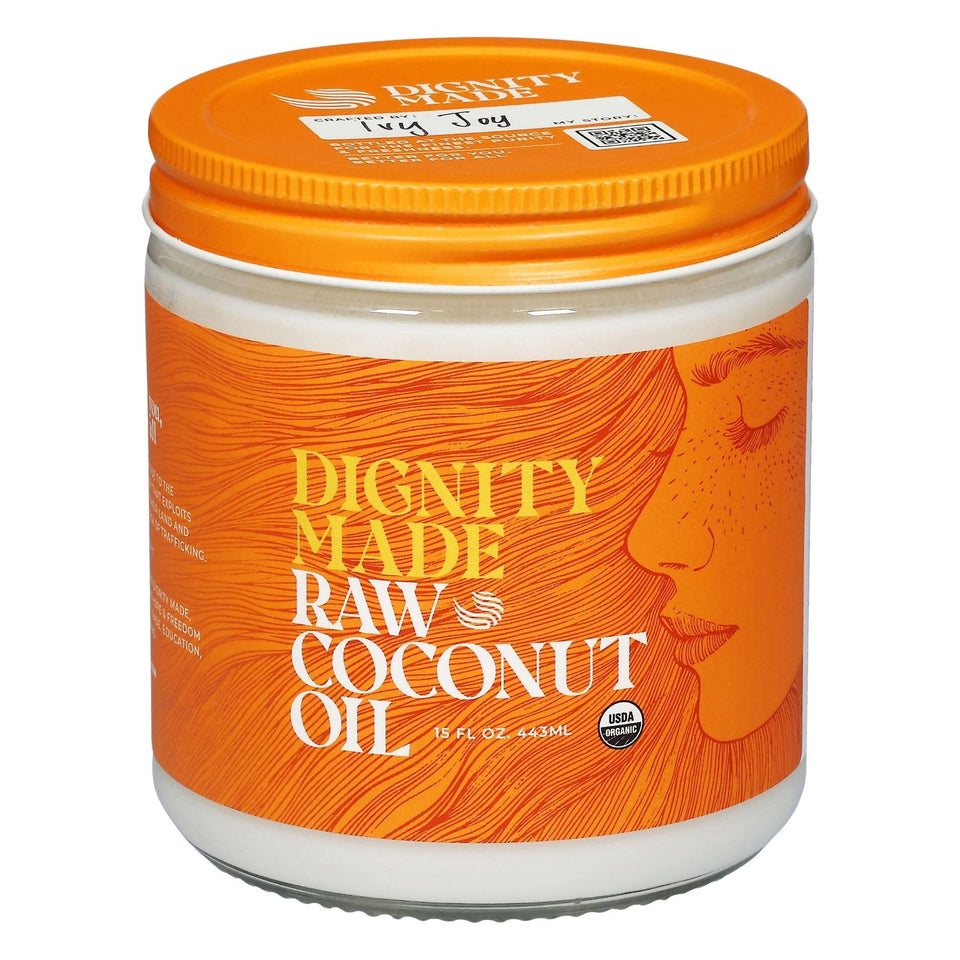 Dignity Coconuts raw organic coconut oil bottle suitable for skin, hair, and cooking.