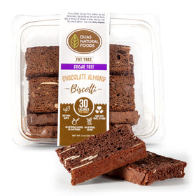 Dijas Chocolate Almond Biscotti packaging shows all-natural ingredients for a light snack.