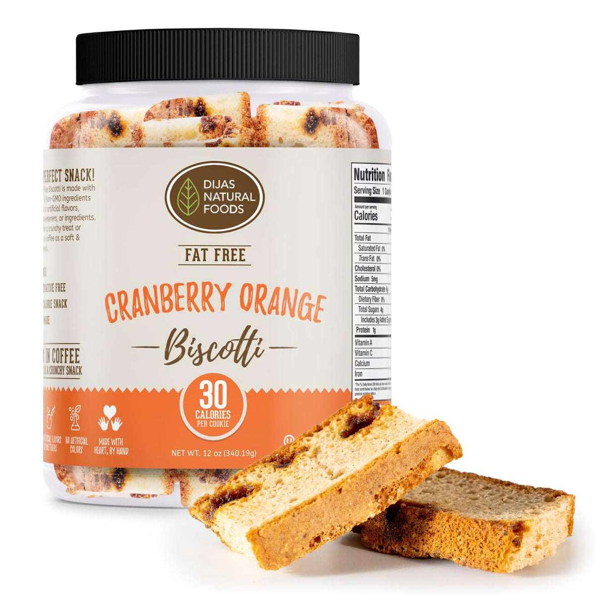 Dijas Natural Food cranberry orange biscotti close-up, crisp texture, perfect with coffee