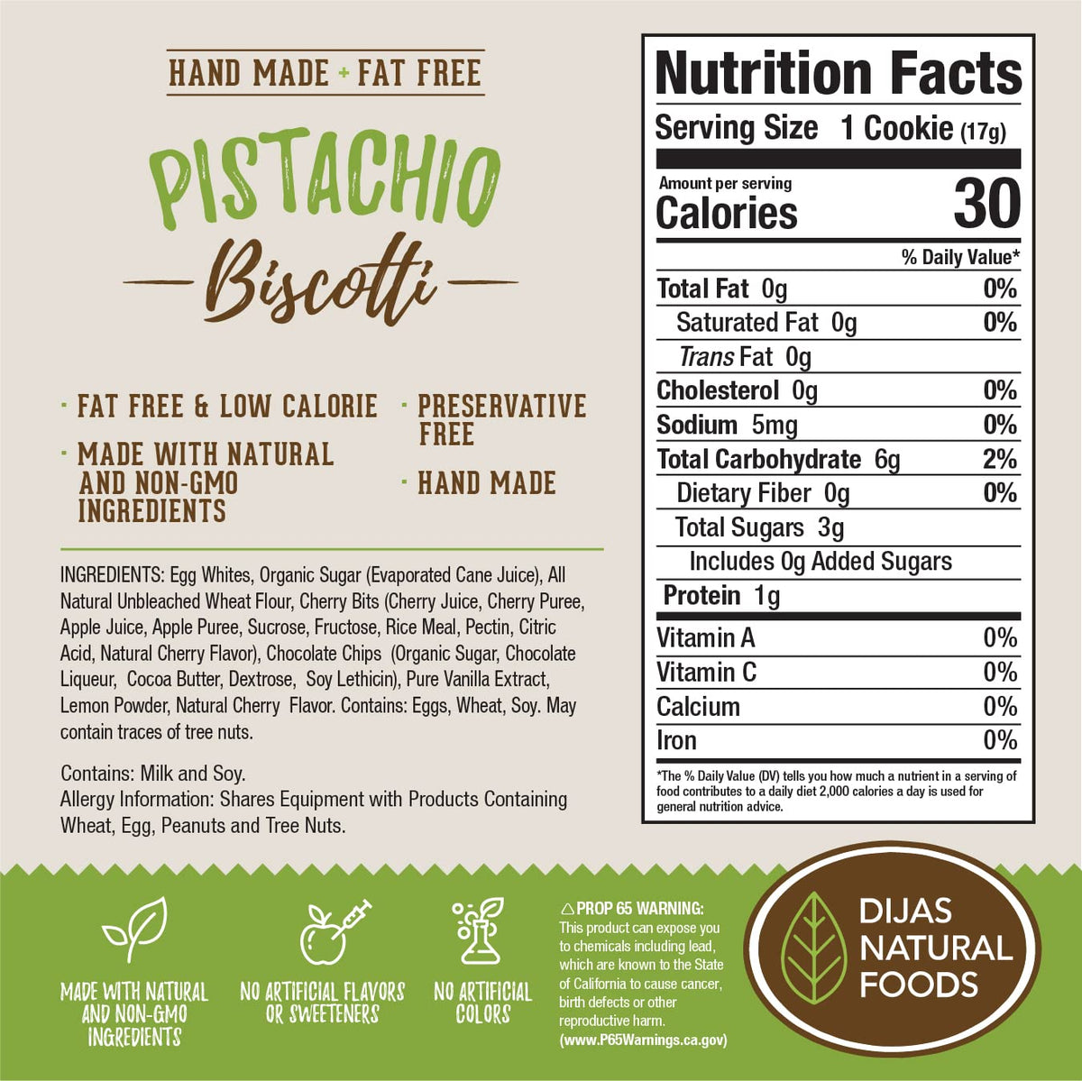 Dijas Natural Food pistachio biscotti closeup showcases crunchy texture