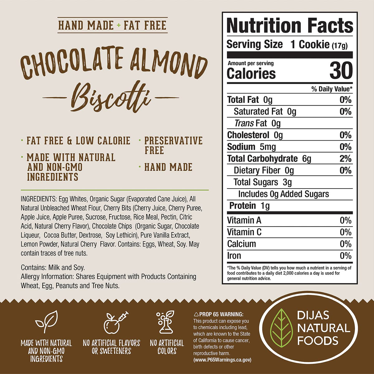 Dijas Natural Foods biscotti Chocolate Almond dunking into coffee for a satisfying dunk