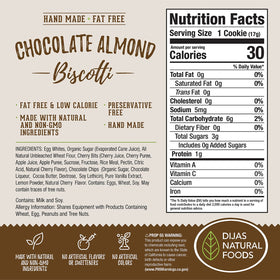 Dijas Natural Foods biscotti Chocolate Almond dunking into coffee for a satisfying dunk