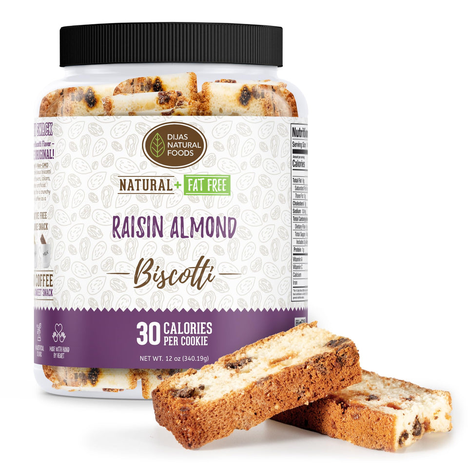 Dijas Natural Foods biscotti packaging with raisins and almonds, great with coffee