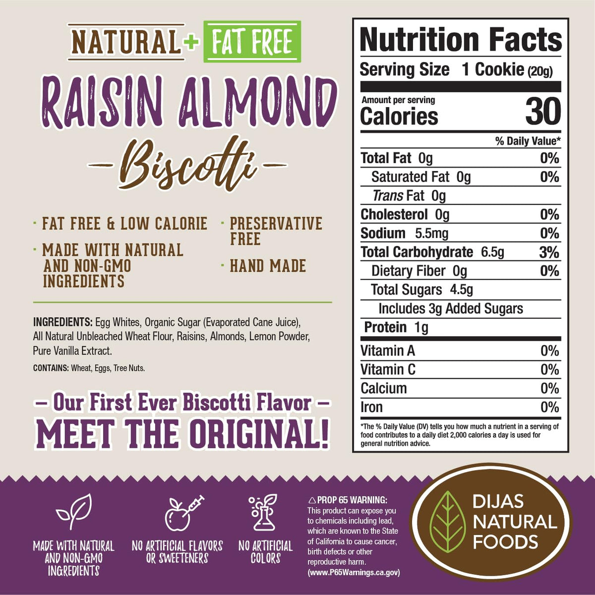 Dijas Natural Foods individually wrapped biscotti, perfect for on-the-go snacking