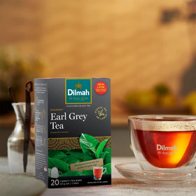 Close-up of the Dilmah Earl Grey label highlighting bergamot notes.