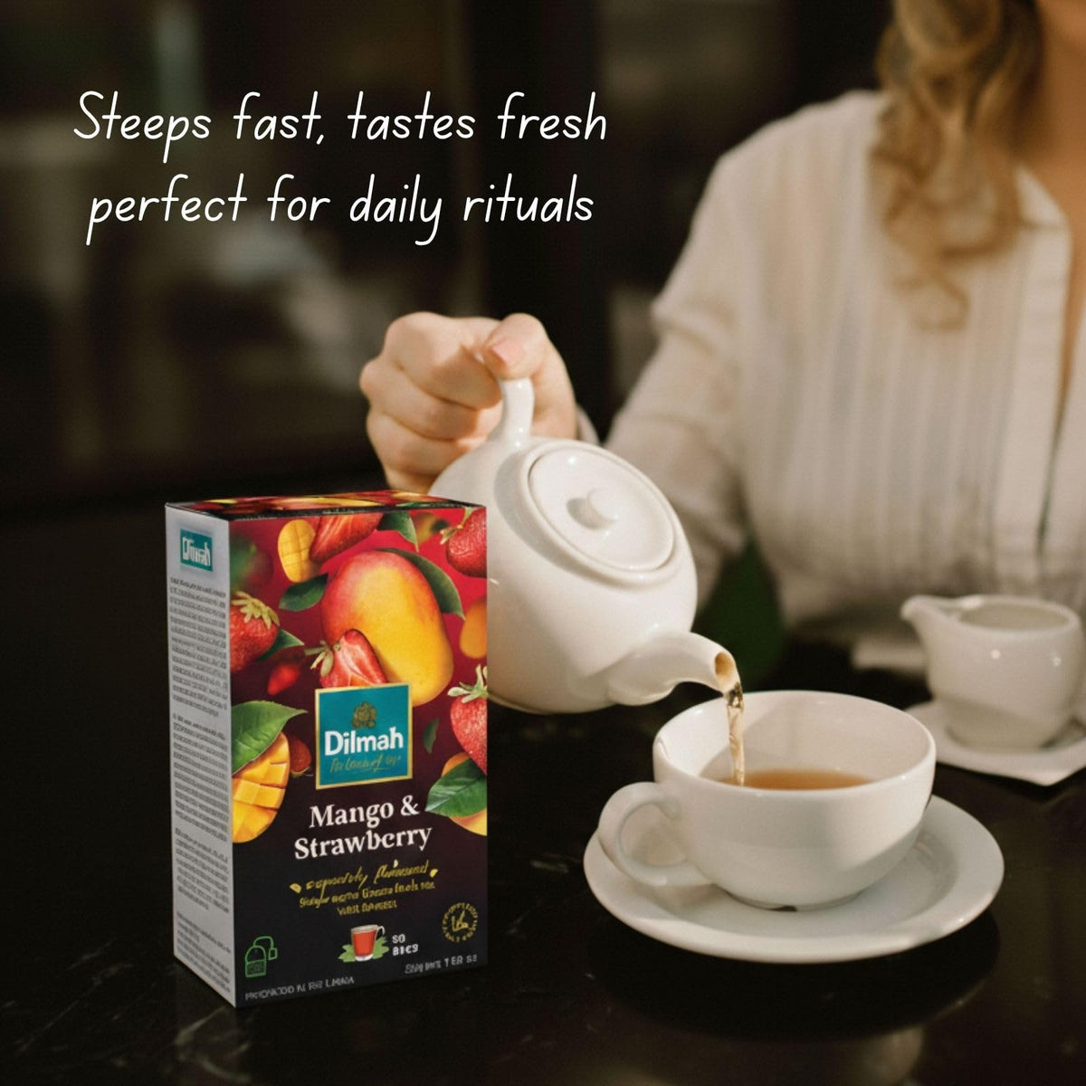 Dilmah Mango Strawberry tea packaging highlights Sri Lanka origin.