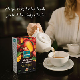 Dilmah Mango Strawberry tea packaging highlights Sri Lanka origin.