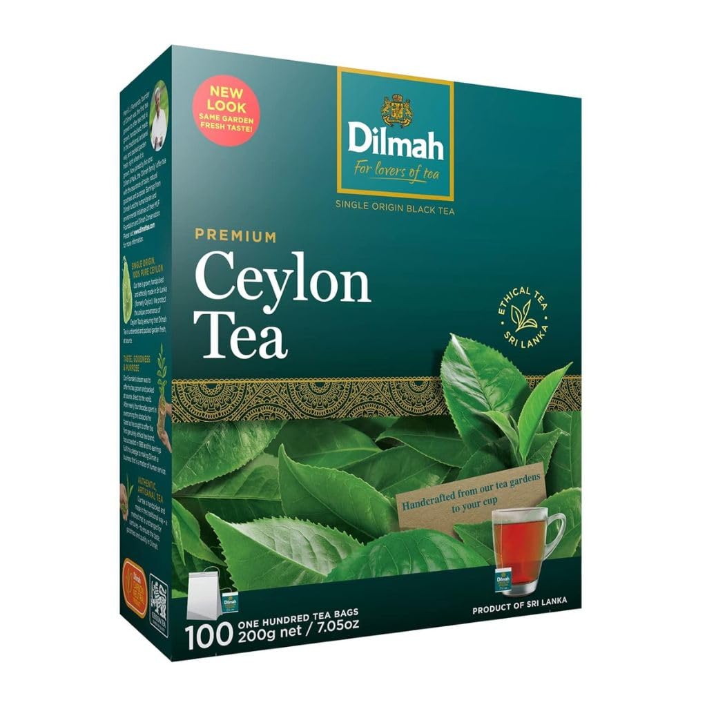 Dilmah Premium Ceylon Tea bags in packaging, savor authentic flavor at home.