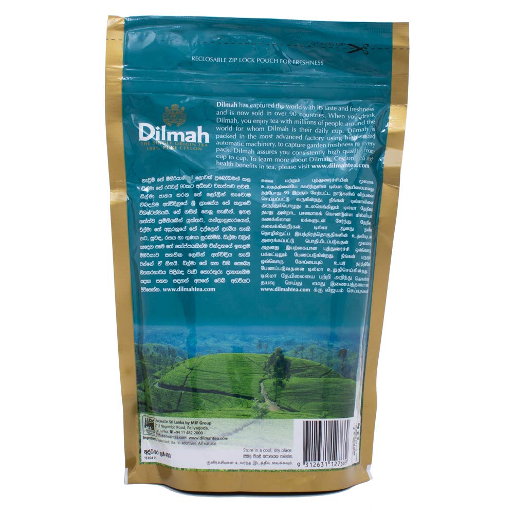 Dilmah resealable zip-lock tea pouch keeps freshness for rich cup.