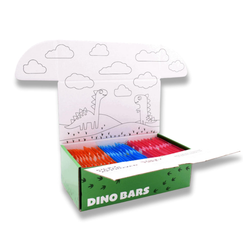Dino Bars blueberry bar close-up, kid-friendly blueberry flavor in a pack