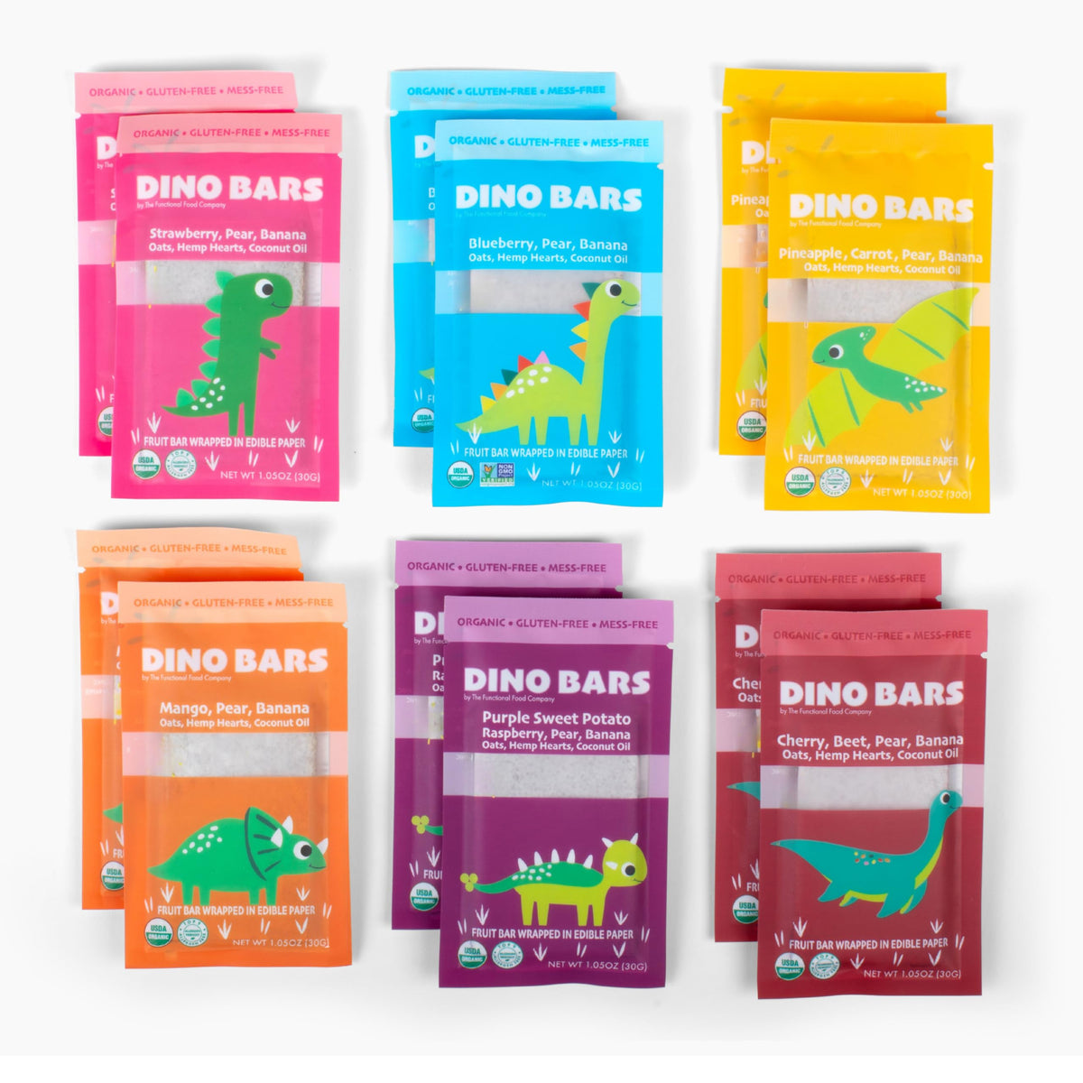 Dino Bars gluten-free badge on packaging signals inclusive snacking.