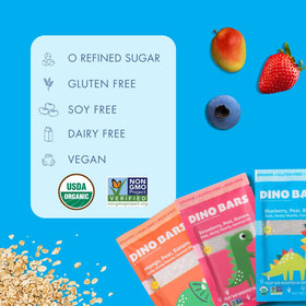 DINO BARS gluten-free Non-GMO label on package for clarity.