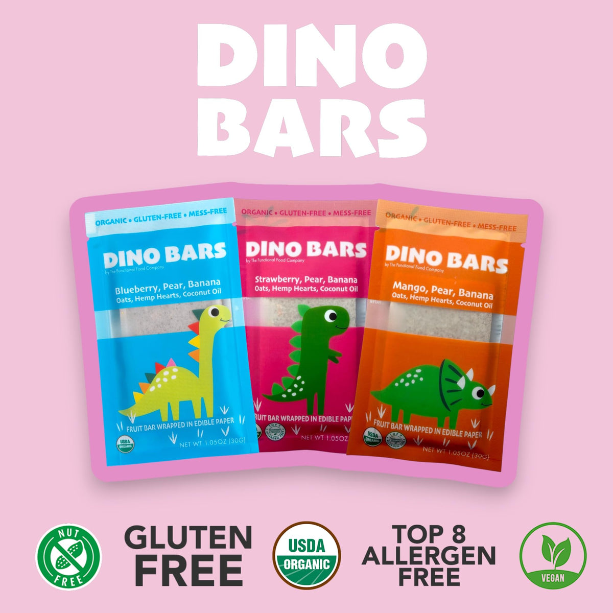 DINO BARS strawberry bar close-up, perfect for on-the-go healthy snacks.
