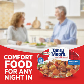 Dinty Moore Beef Stew served over biscuits for a comforting meal.