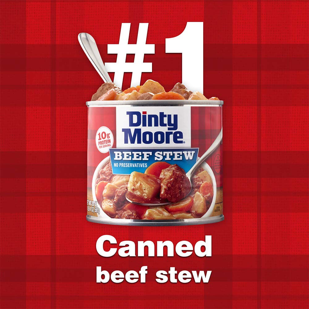 DINTY MOORE beef stew can closeup highlights hearty beef chunks