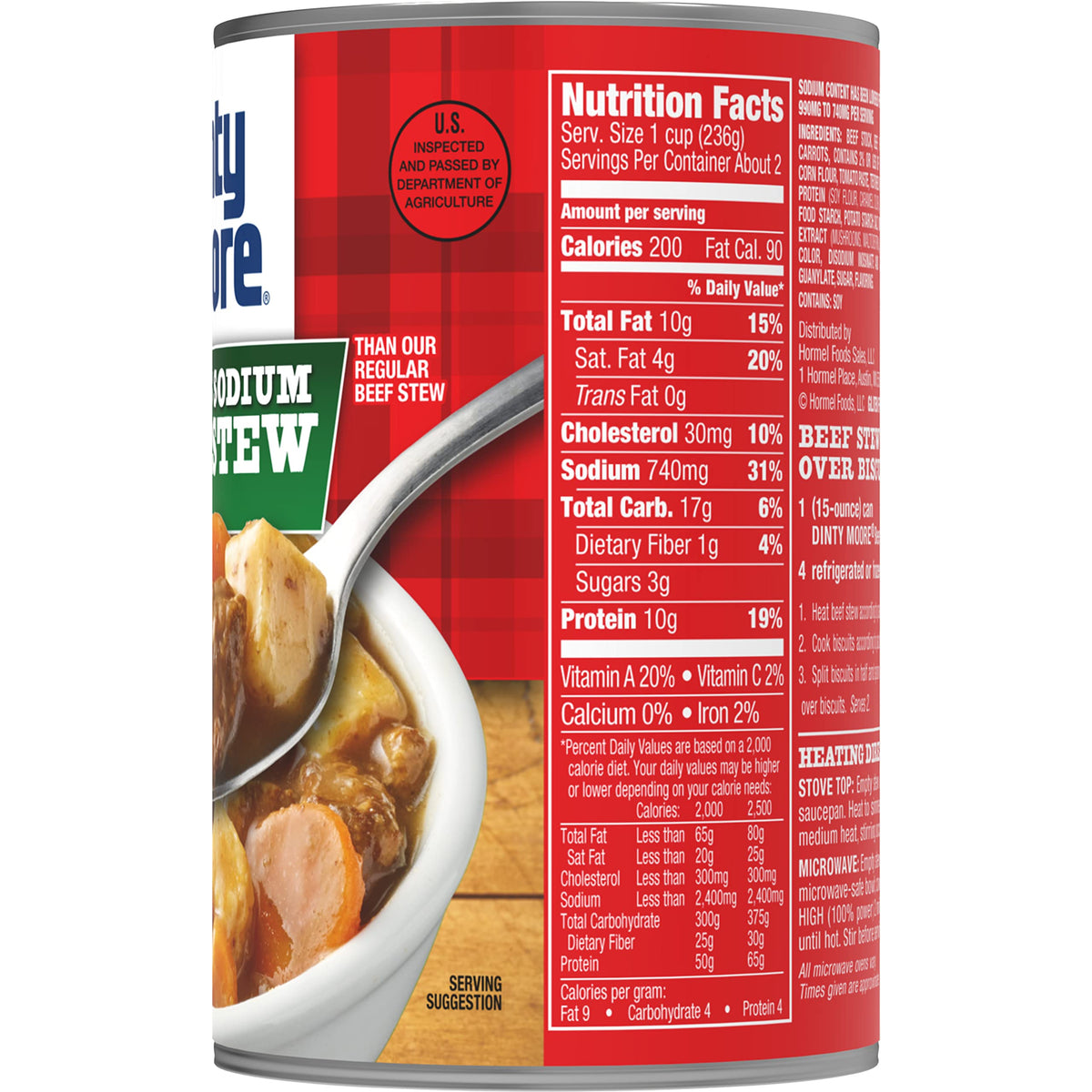Cans on shelf showing beef, potatoes, and carrots imagery.