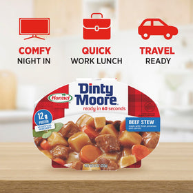 Dinty Moore Beef Stew close-up highlights large beef chunks in savory gravy.