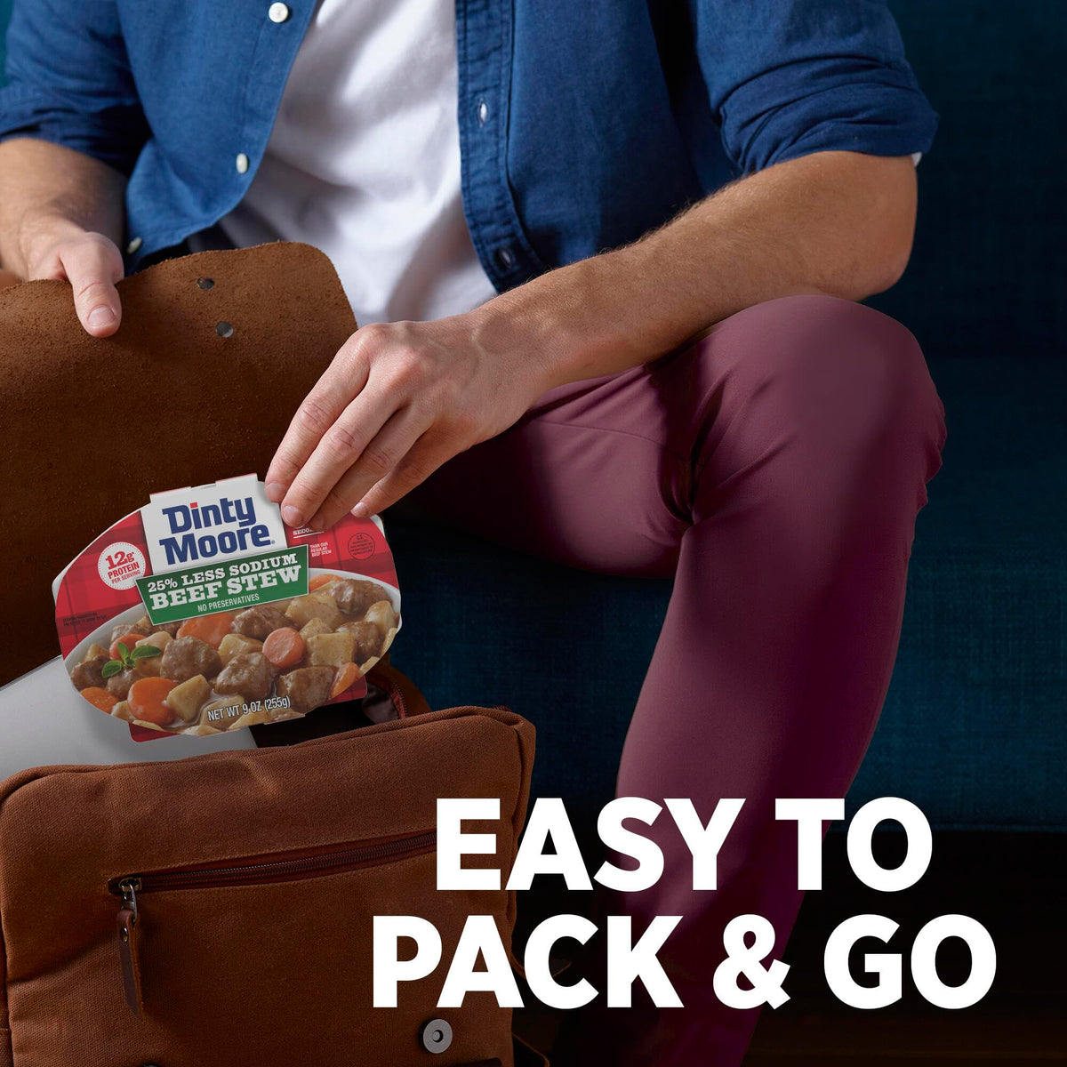 Dinty Moore Beef Stew Less Sodium meal—hearty comfort in a 9oz tray.