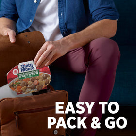 Dinty Moore Beef Stew Less Sodium meal—hearty comfort in a 9oz tray.