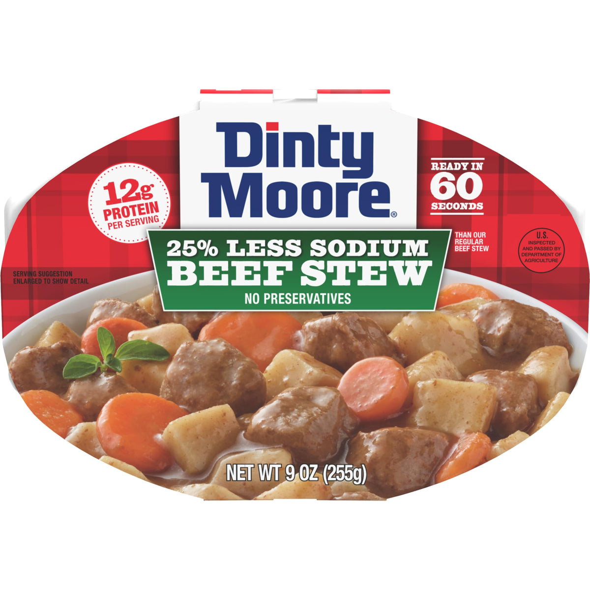 Dinty Moore Beef Stew Less Sodium microwave tray 9oz—protein-packed and convenient for quick meals.