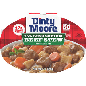 Dinty Moore Beef Stew Less Sodium microwave tray 9oz—protein-packed and convenient for quick meals.