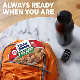 Dinty Moore Beef Stew Less Sodium pack—no refrigeration needed for easy storage.