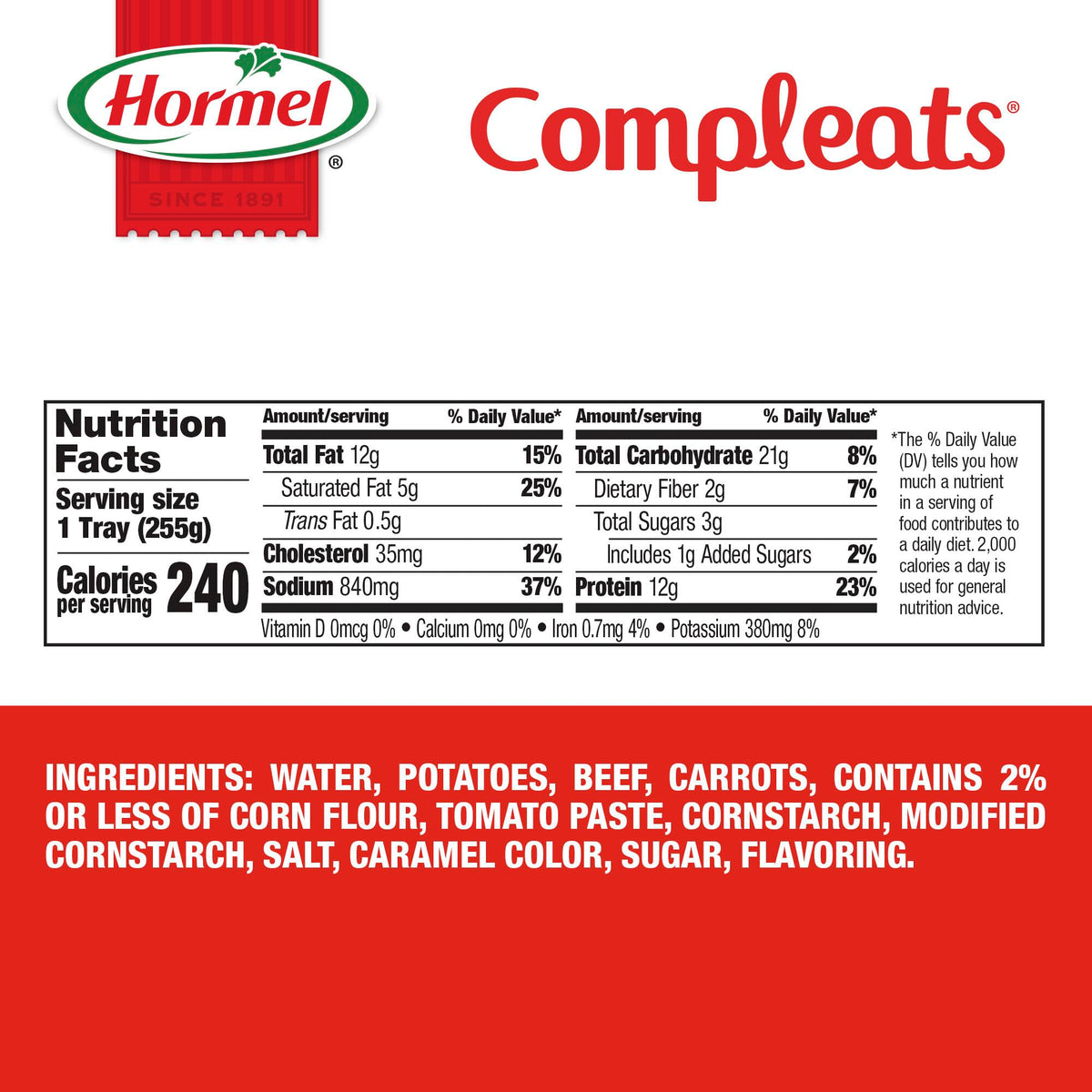 Dinty Moore Beef Stew Less Sodium portion packaging supports shelf-stable meals.
