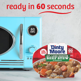 Dinty Moore Beef Stew Less Sodium ready to eat in 60 seconds.