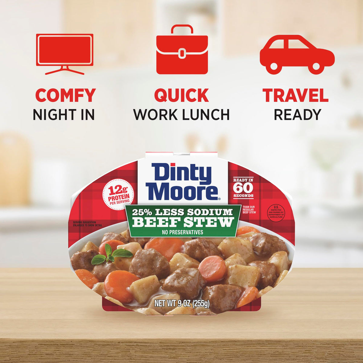 Dinty Moore Beef Stew Less Sodium steaming bowl highlights aromatic steam.