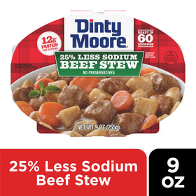 Dinty Moore Beef Stew Less Sodium tray open—easy access for a fast lunch.