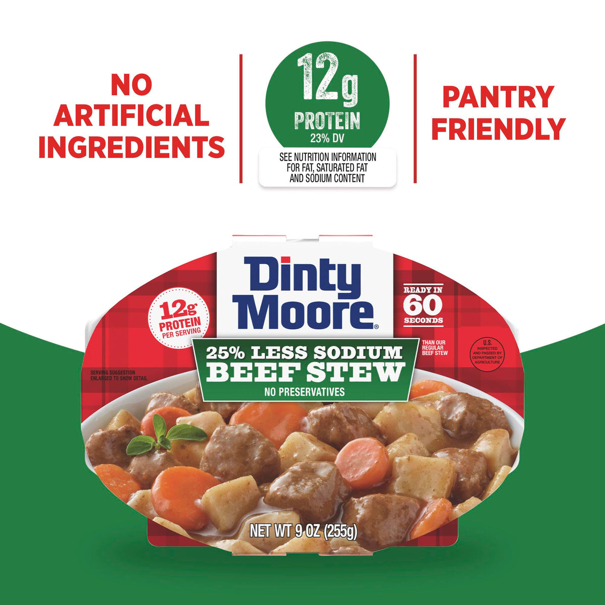 Dinty Moore Beef Stew Less Sodium tray—protein-rich convenience at lunchtime.