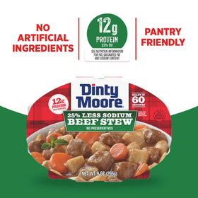 Dinty Moore Beef Stew Less Sodium tray—protein-rich convenience at lunchtime.