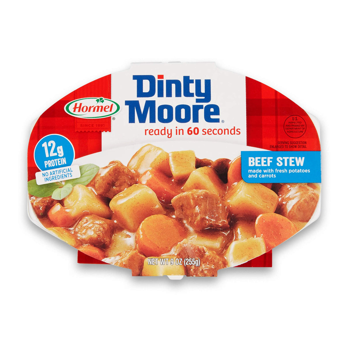 Dinty Moore Beef Stew pack shows shelf-stable convenience for quick meals.