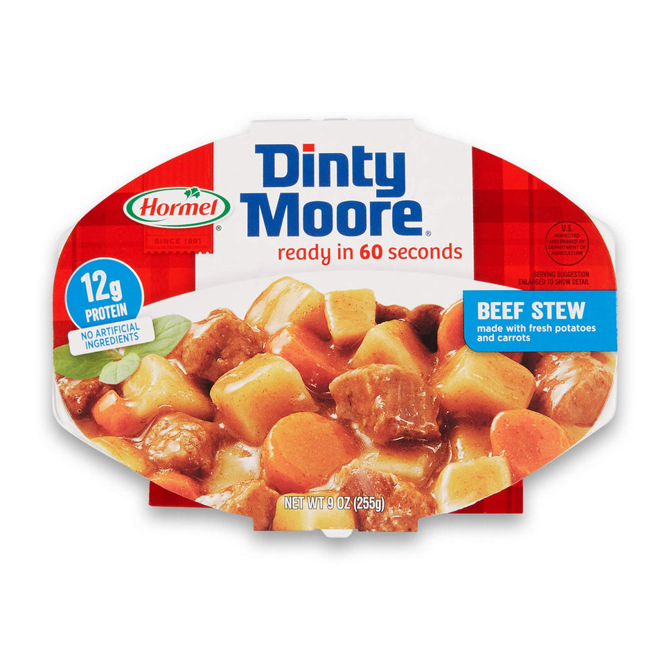 Dinty Moore Beef Stew pack shows shelf-stable convenience for quick meals.