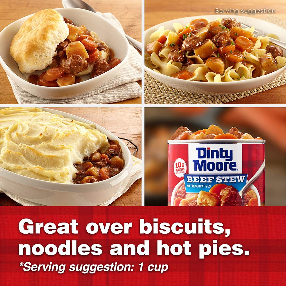DINTY MOORE Beef Stew served in a bowl with potatoes and savory gravy.
