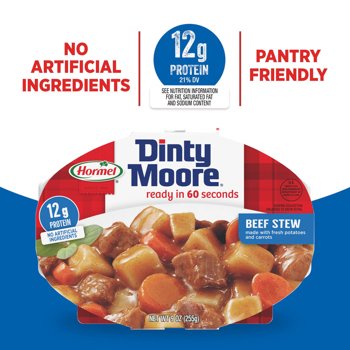 Dinty Moore Beef Stew cans stored in a pantry for long-term use.