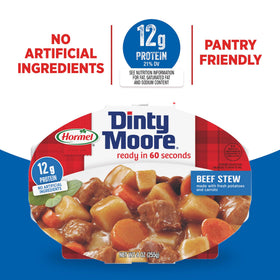 Dinty Moore Beef Stew cans stored in a pantry for long-term use.