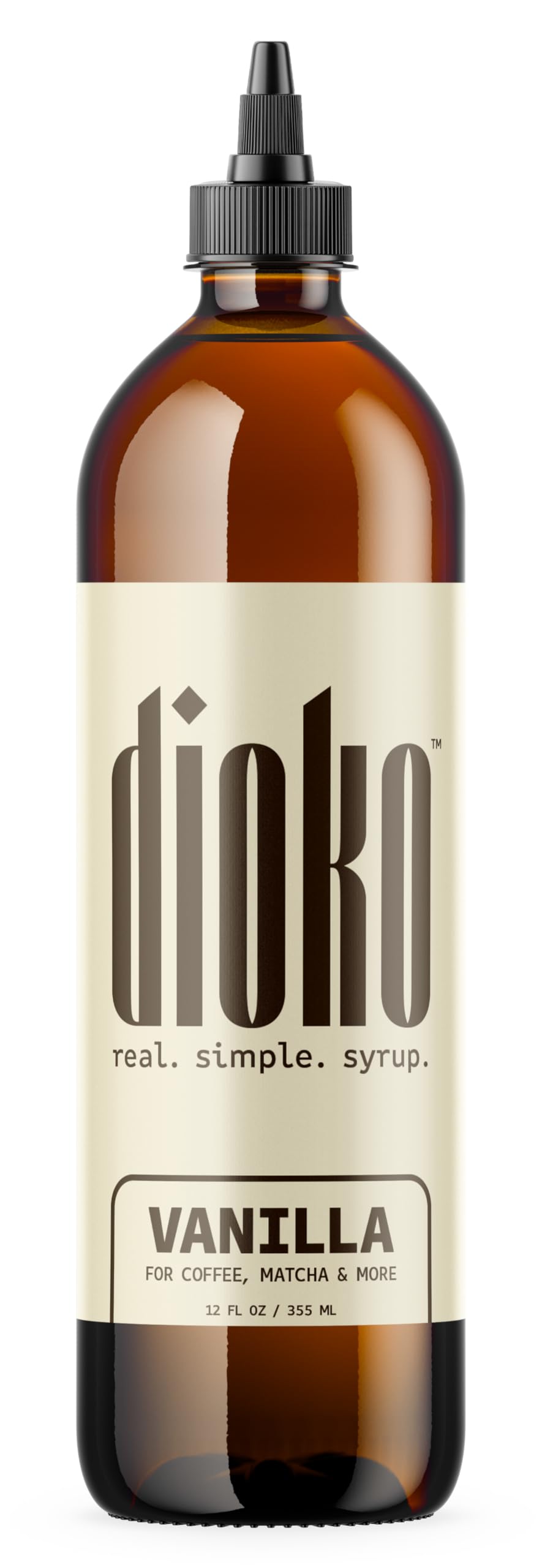 Dioko Premium Vanilla Syrup bottle in amber protects flavor for coffee and desserts.