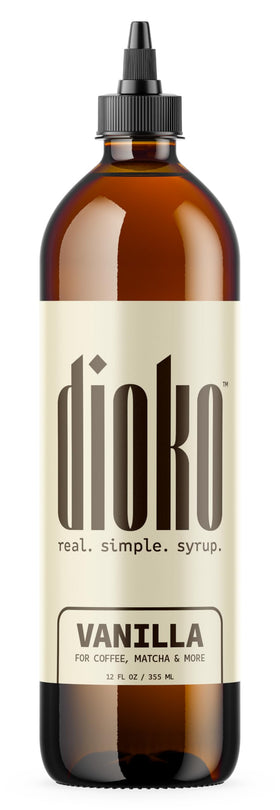 Dioko Premium Vanilla Syrup bottle in amber protects flavor for coffee and desserts.