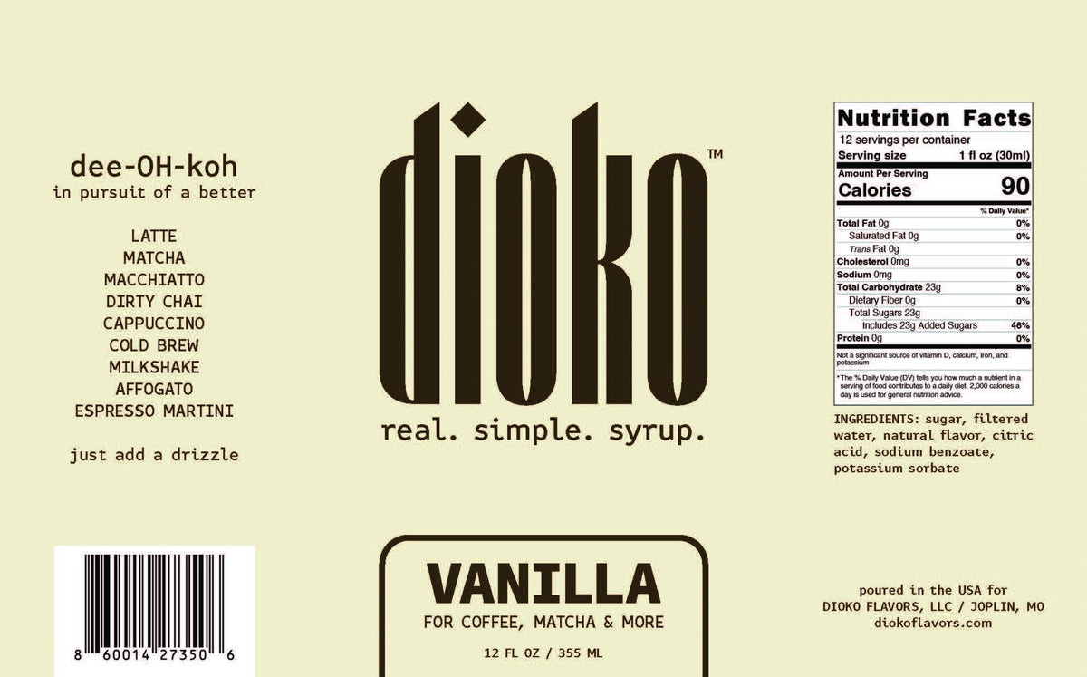 Dioko Premium Vanilla Syrup label highlights gluten-free and no artificial colors.