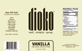 Dioko Premium Vanilla Syrup label highlights gluten-free and no artificial colors.