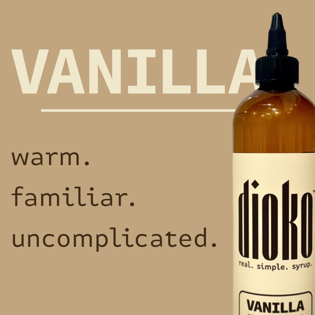Dioko Premium Vanilla Syrup easy-pour spout facilitates precise drizzle in drinks.