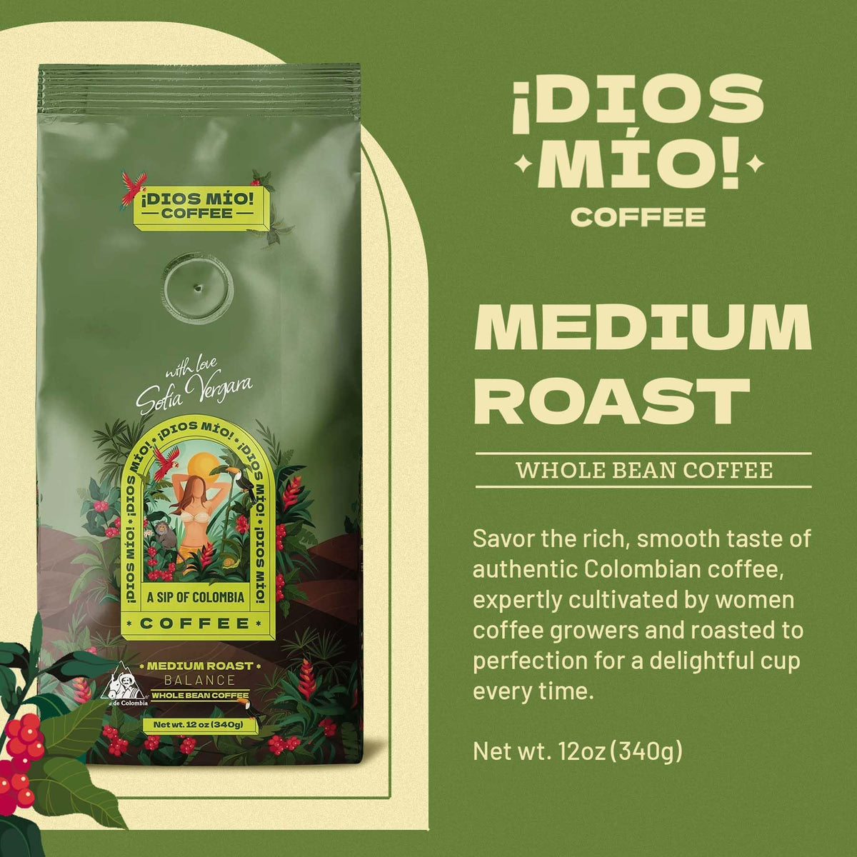 Dios Mio Coffee fresh-ground bag ready for home grinding and flavor control.