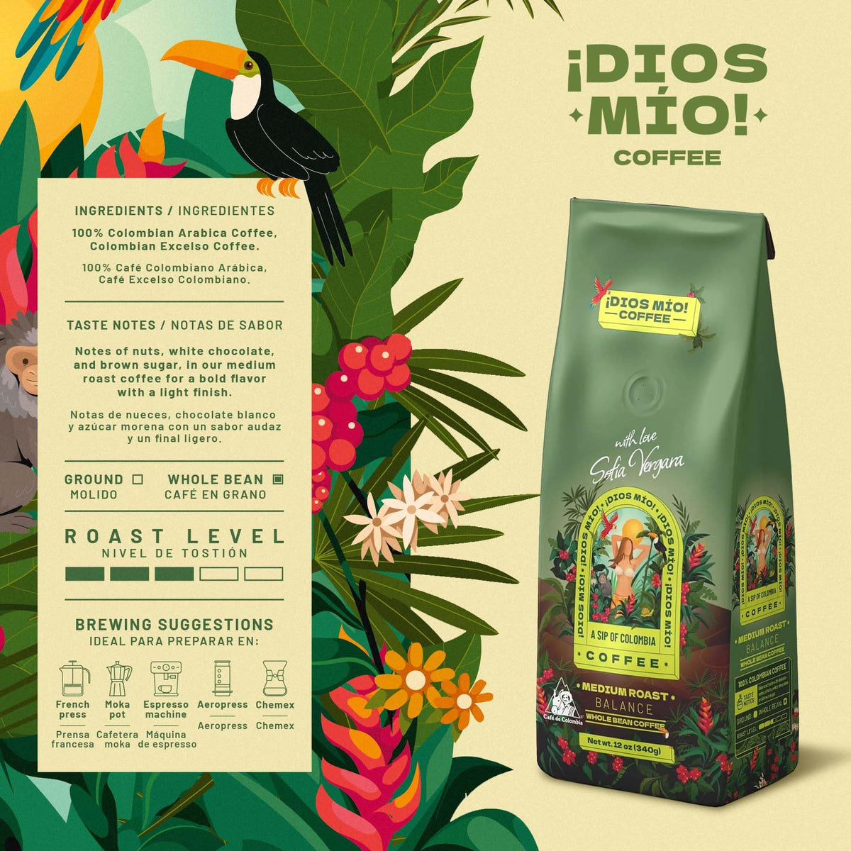 Dios Mio Coffee Sofia Vergara bag label highlighting fair trade sourcing.