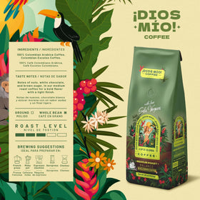 Dios Mio Coffee Sofia Vergara bag label highlighting fair trade sourcing.