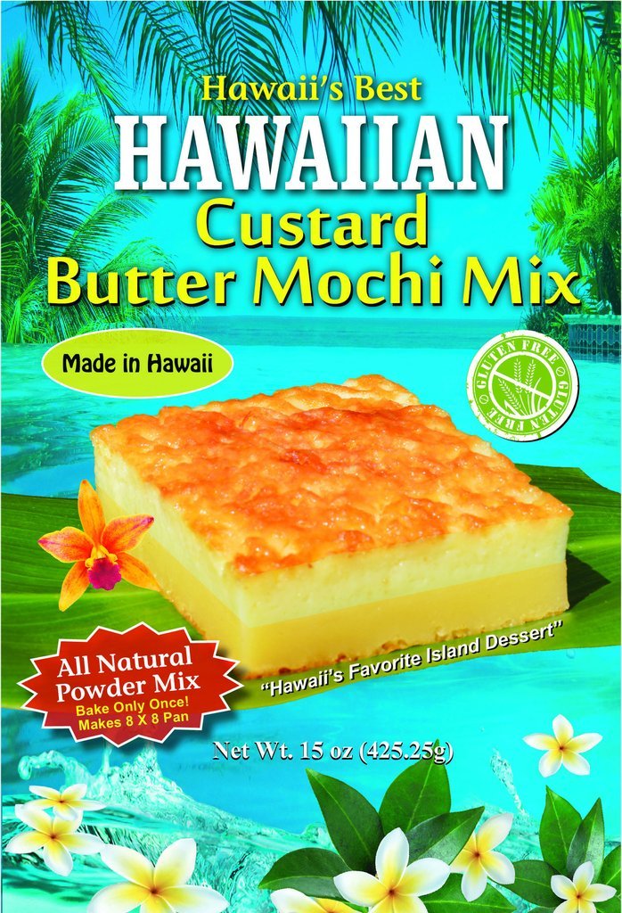 Dip Into Paradise Hawaii's Best Custard Butter Mochi Mix box, ready to bake for easy, creamy desserts.
